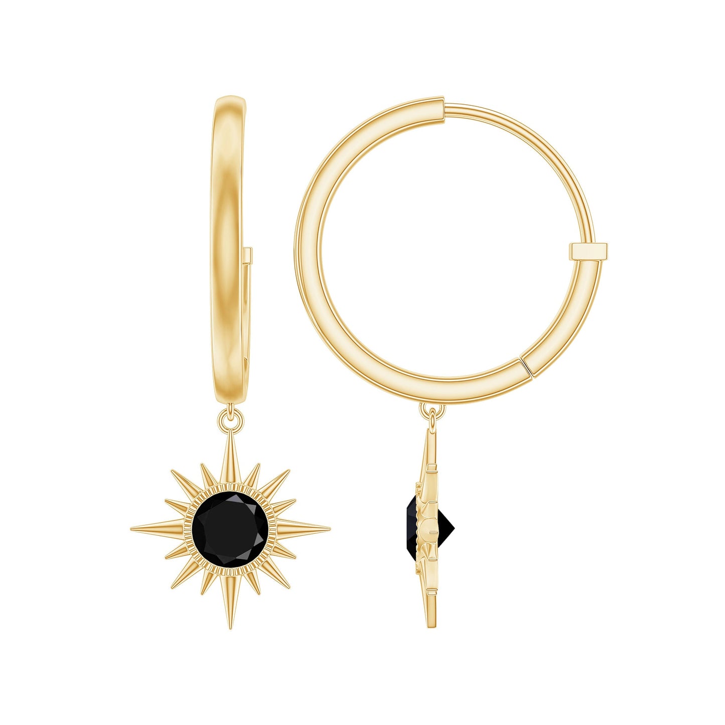 Natural Black Onyx Sunburst Hoop Drop Earrings