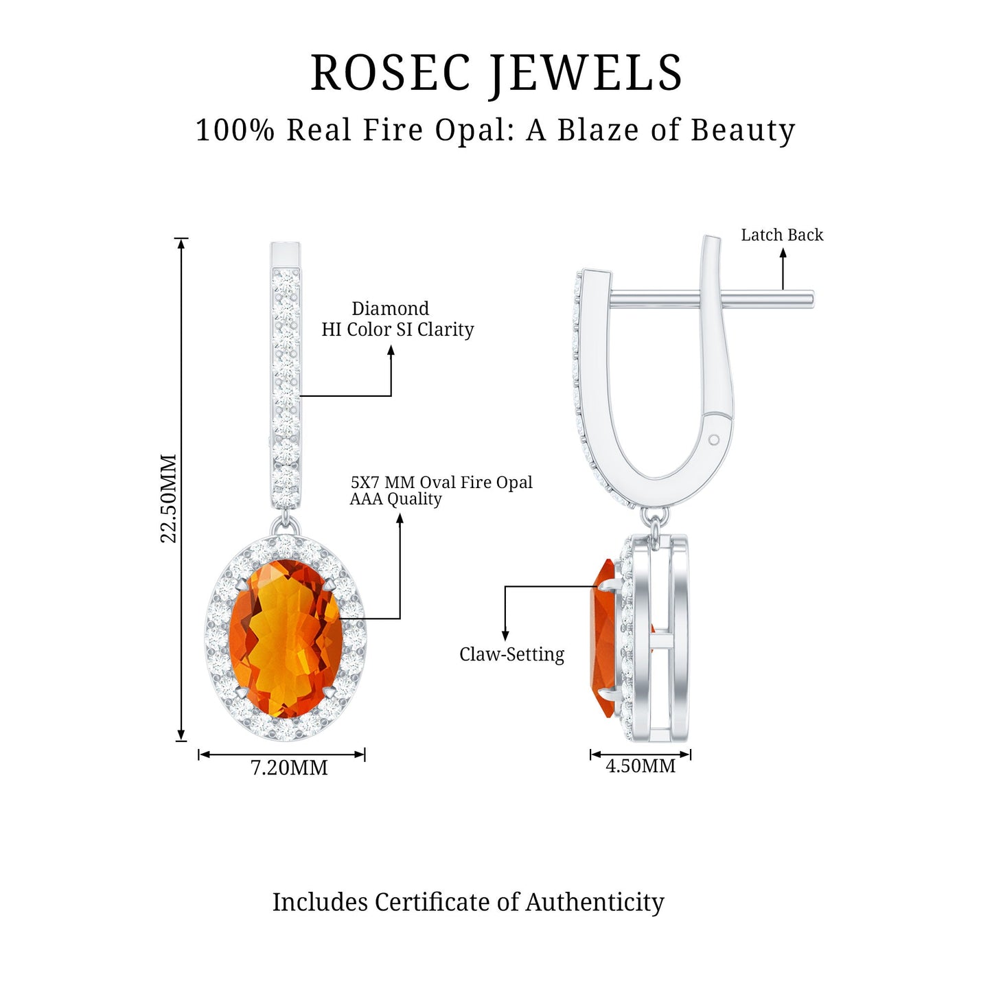 1.3 Carat Natural Oval Fire Opal Diamond Drop Earrings with Latch Back