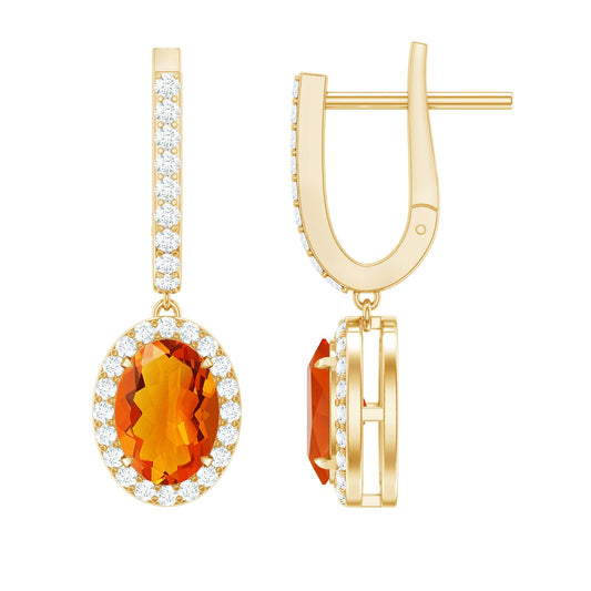 1.3 Carat Natural Oval Fire Opal Diamond Drop Earrings with Latch Back