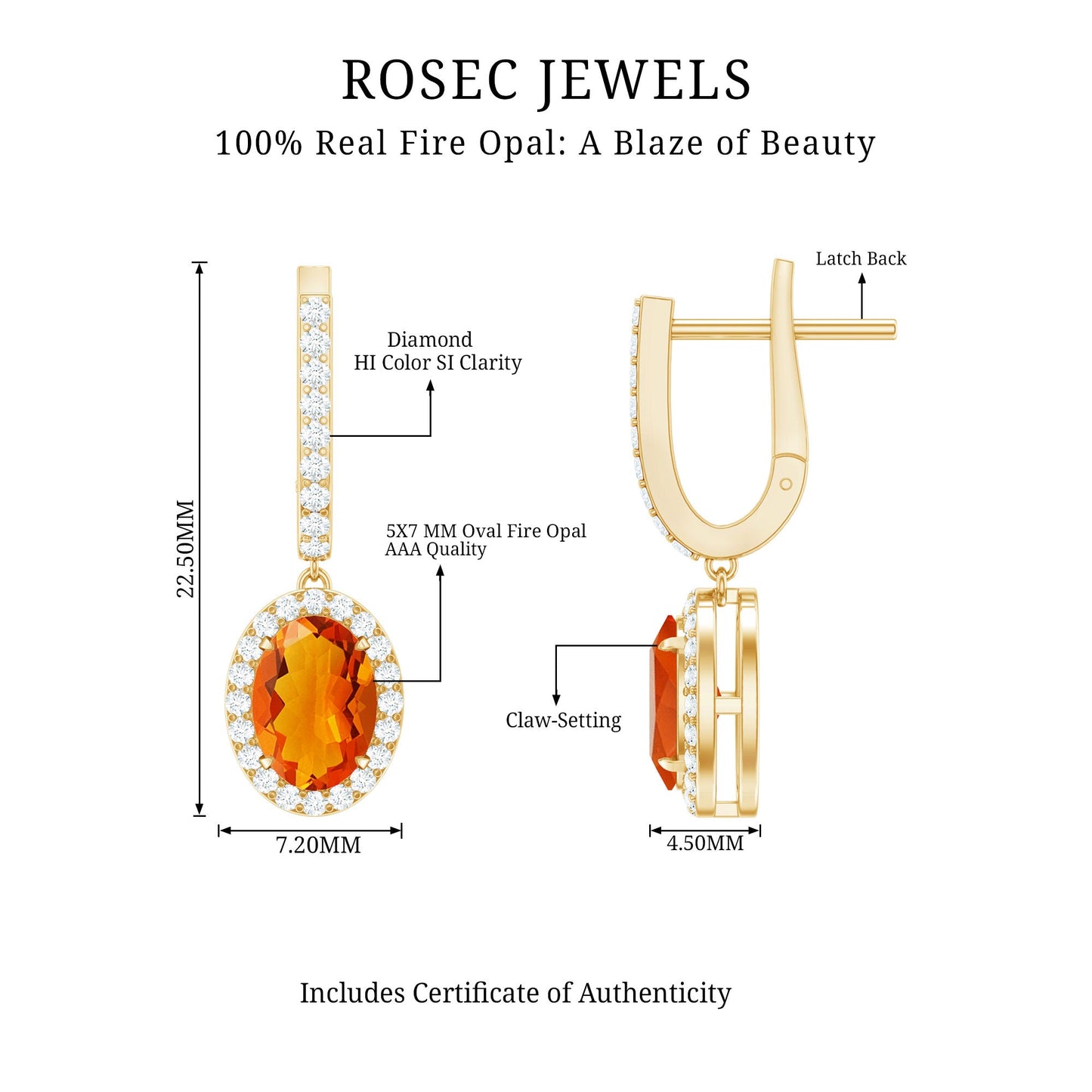 1.3 Carat Natural Oval Fire Opal Diamond Drop Earrings with Latch Back