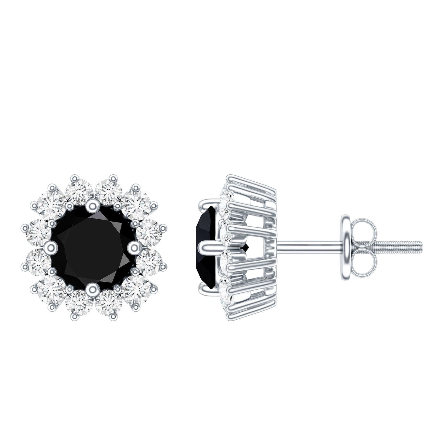 Certified Natural Black Onyx Stud Earrings with Diamond Halo
