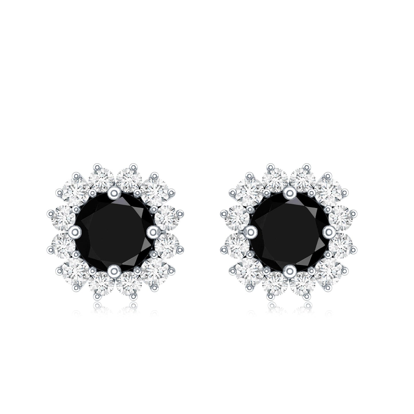 Certified Natural Black Onyx Stud Earrings with Diamond Halo