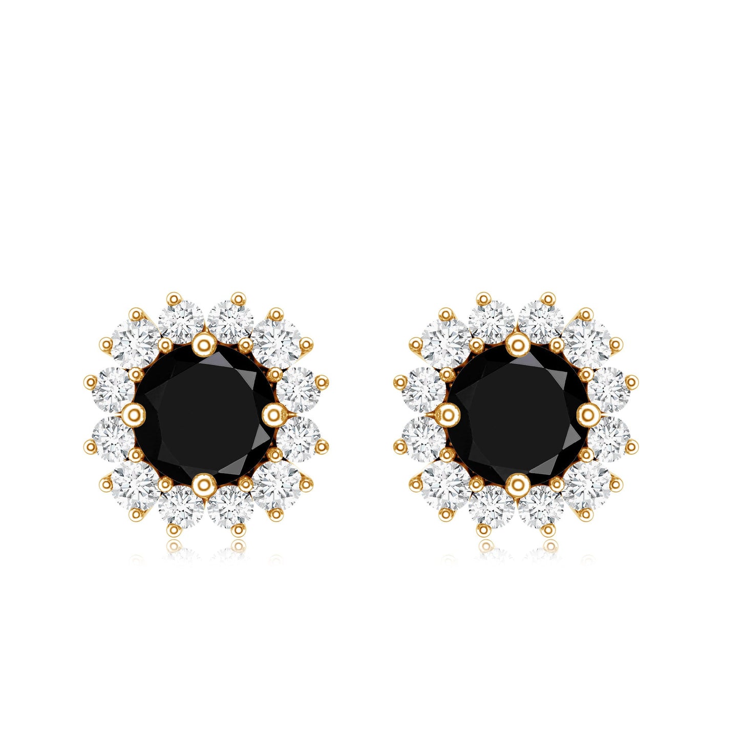 Certified Natural Black Onyx Stud Earrings with Diamond Halo