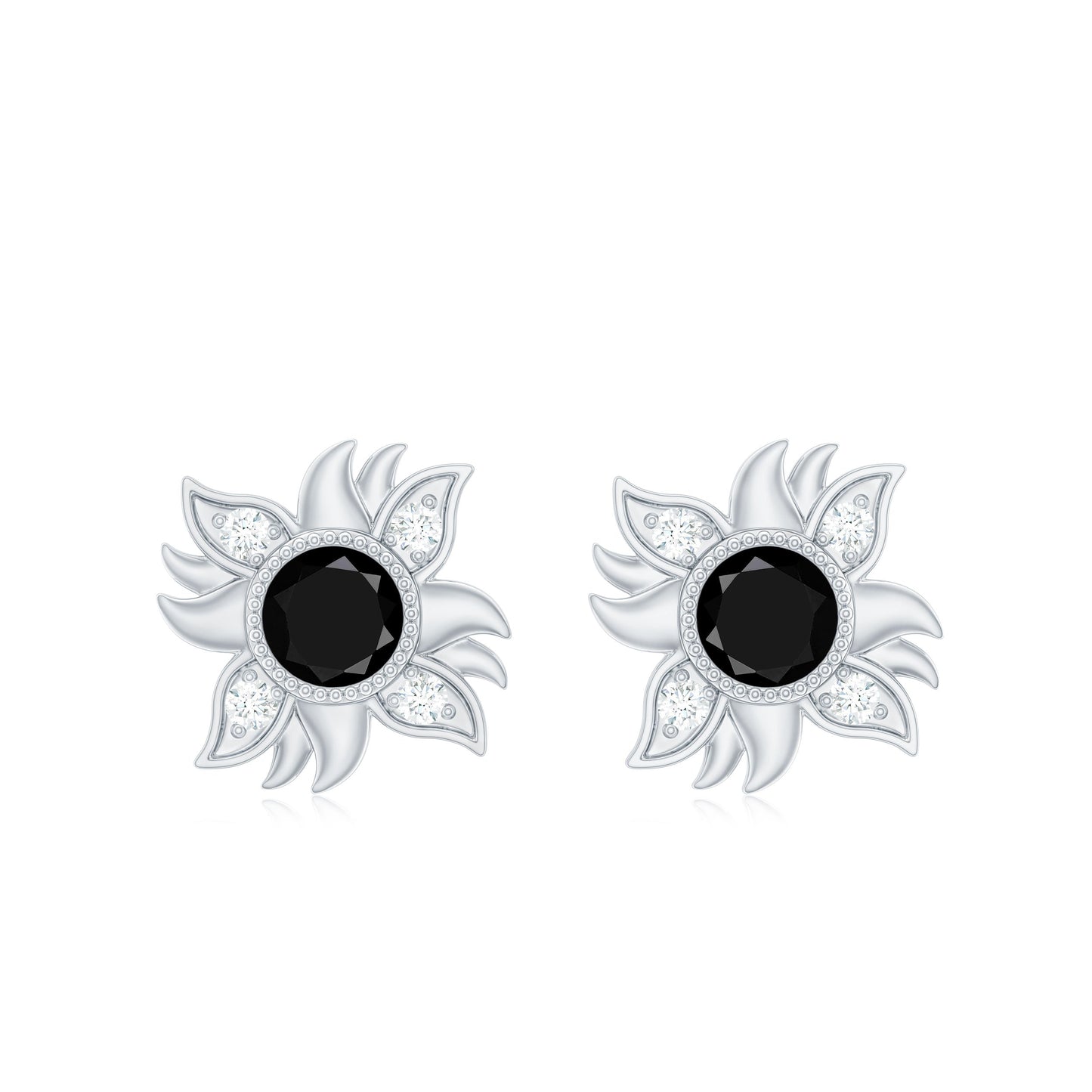 Round Shape Black Onyx and Diamond Sunburst Stud Earrings