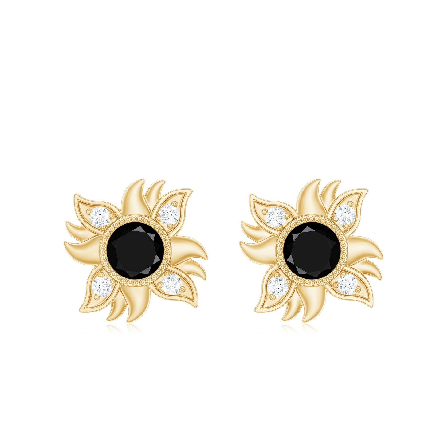 Round Shape Black Onyx and Diamond Sunburst Stud Earrings