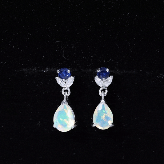 1.4 Carat Ethiopian Opal Teardrop Earrings with Lab Blue Sapphire