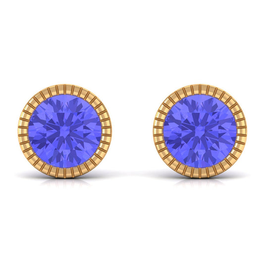 1 CT Round Cut Natural Tanzanite Solitaire Stud Earring in Bezel Setting