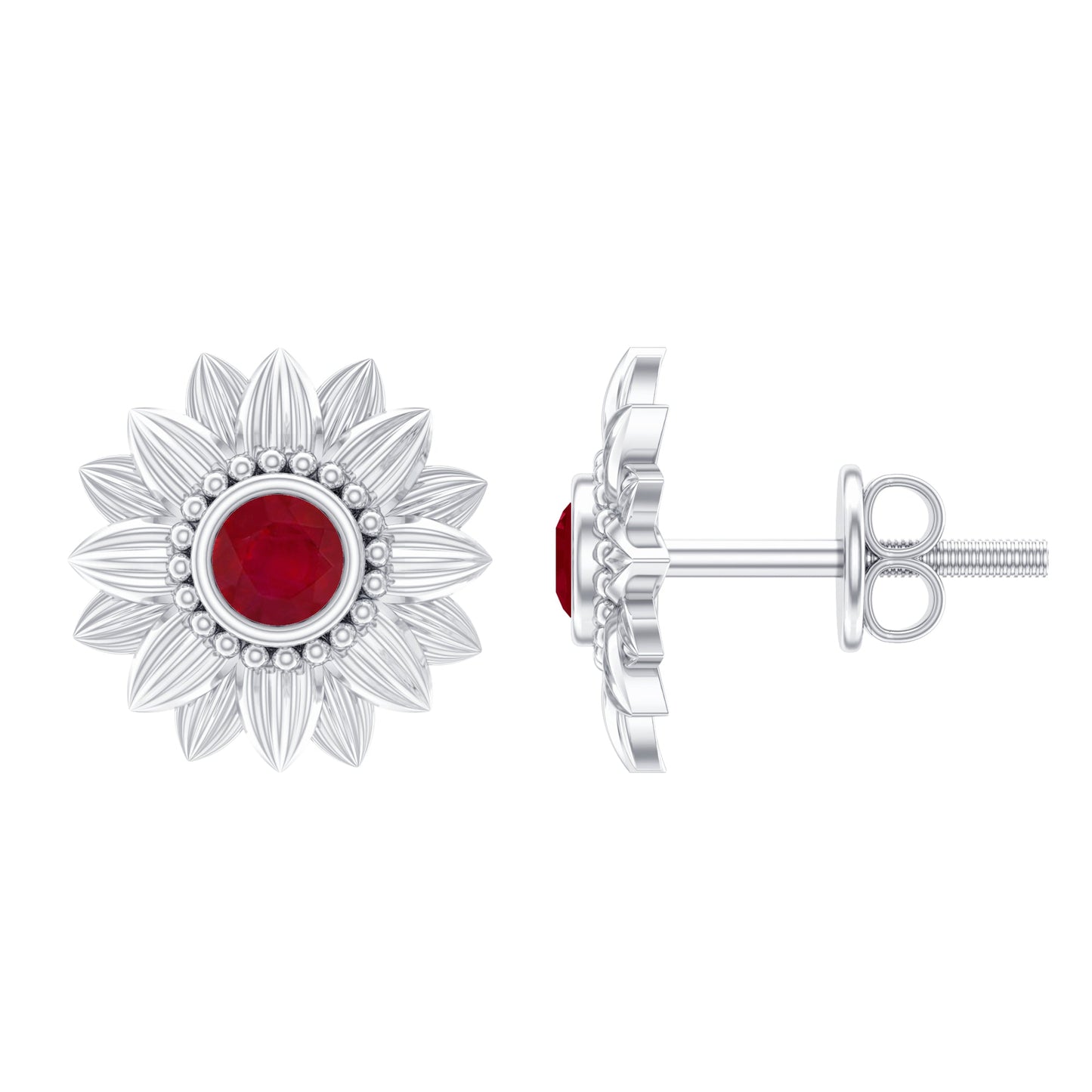 Bezel Set Real Ruby Flower Stud Earrings