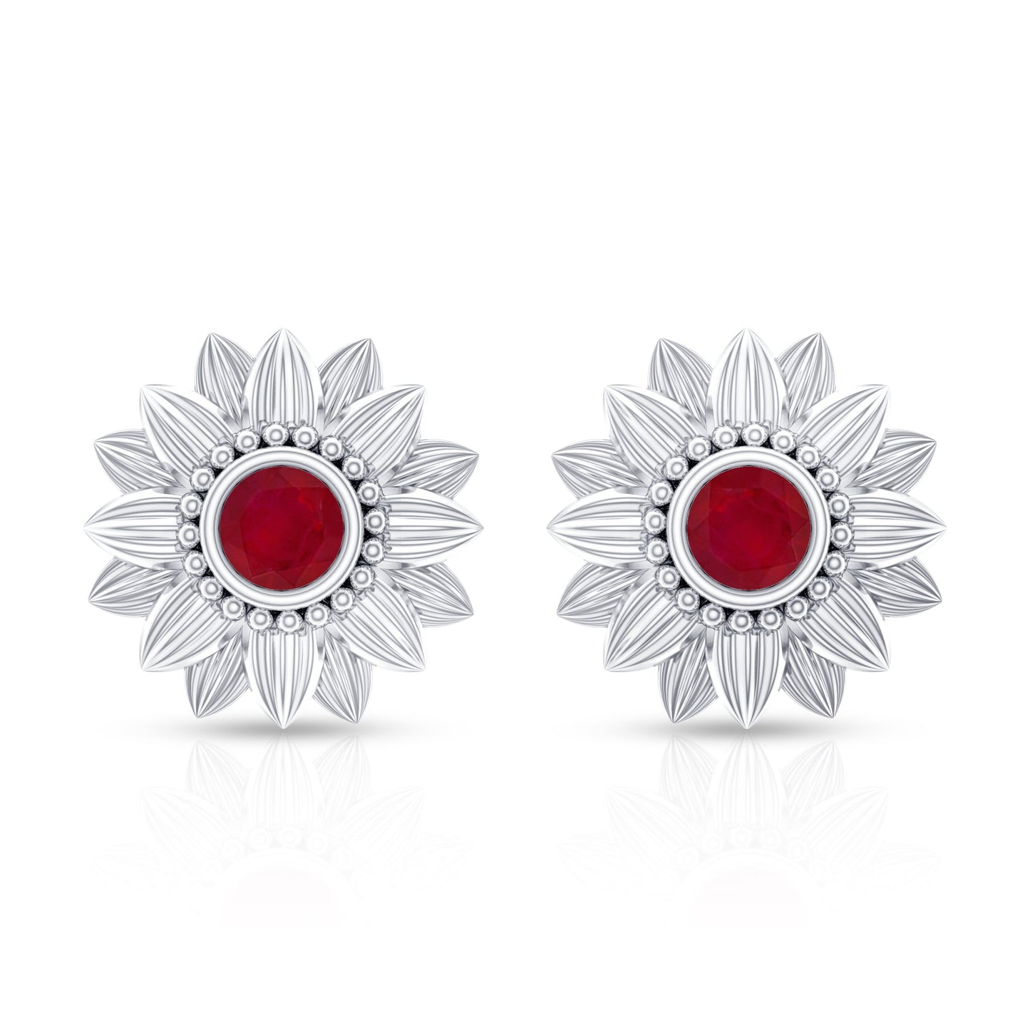 Bezel Set Real Ruby Flower Stud Earrings