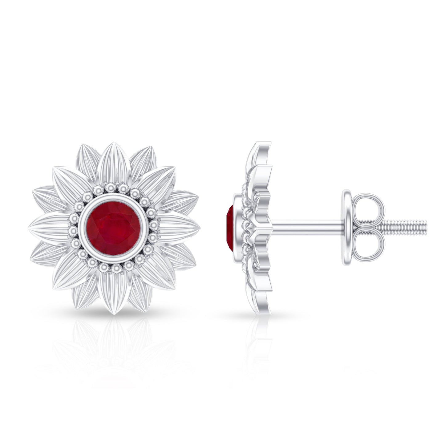 Bezel Set Real Ruby Flower Stud Earrings