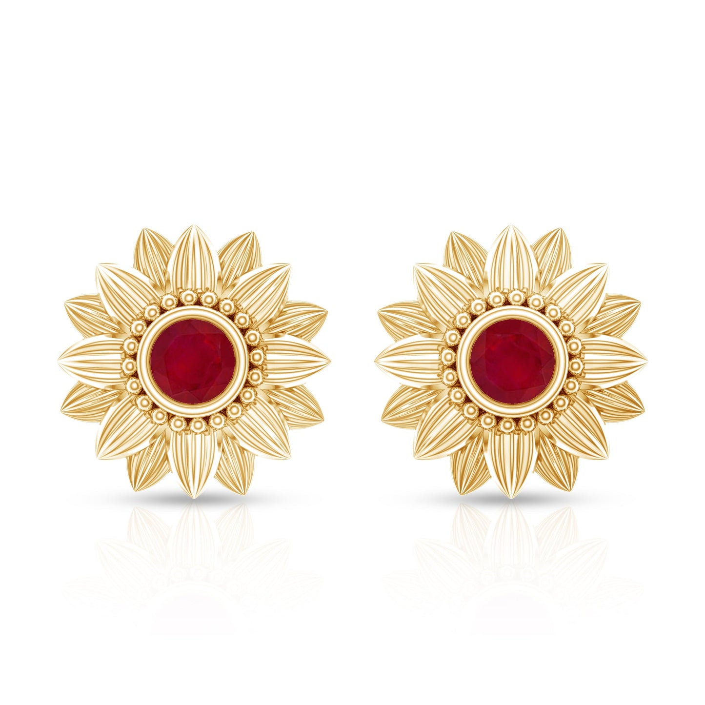 Bezel Set Real Ruby Flower Stud Earrings
