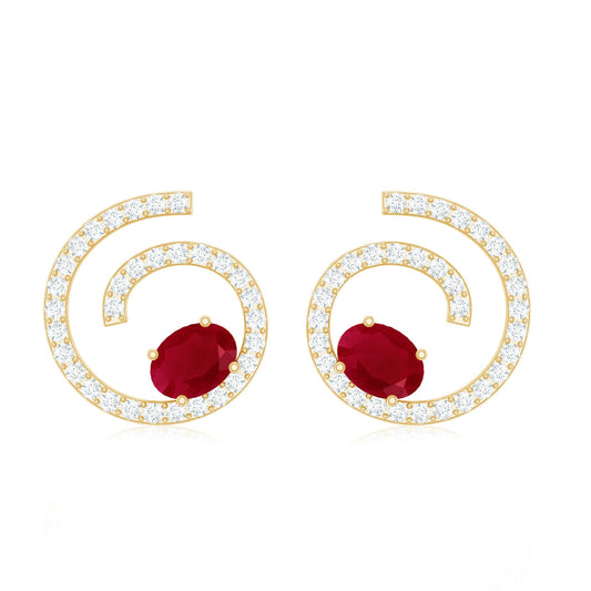 1 CT Oval Cut Ruby and Diamond Swirl Stud Earrings