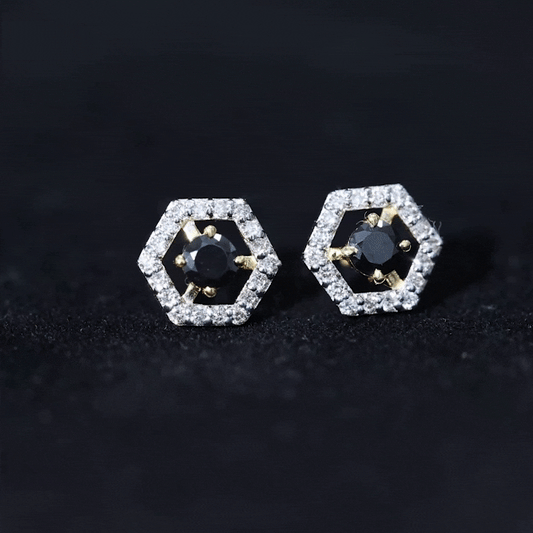 0.9 Carat Black Spinel and Diamond Hexagon Stud Earrings