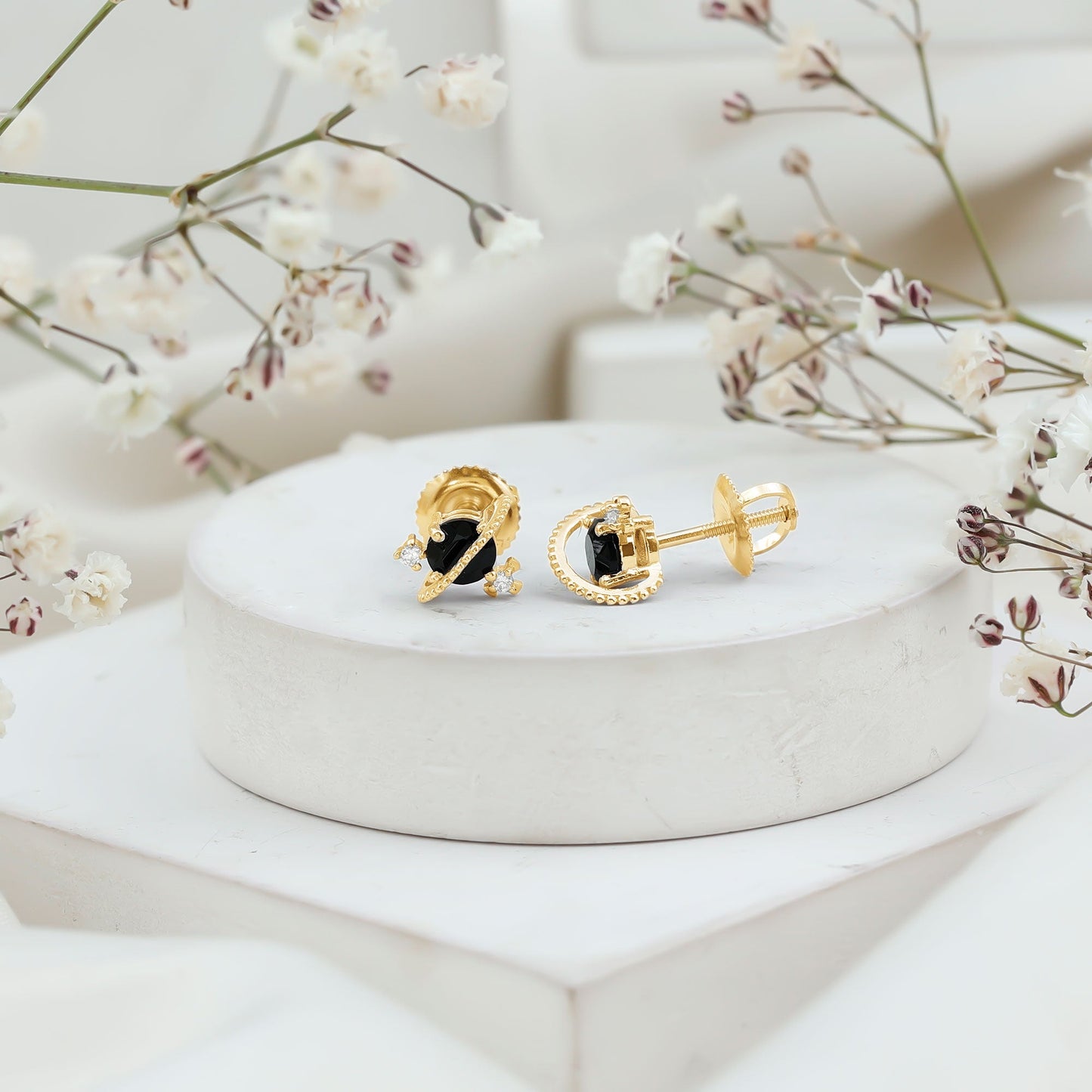 Black Spinel Celestial Stud Earrings with Diamond Stones