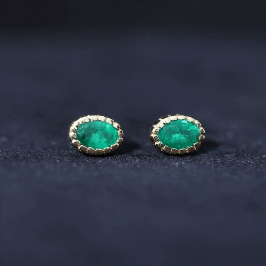 0.8 Carat Oval Emerald Solitaire Stud Earrings in Bezel Setting