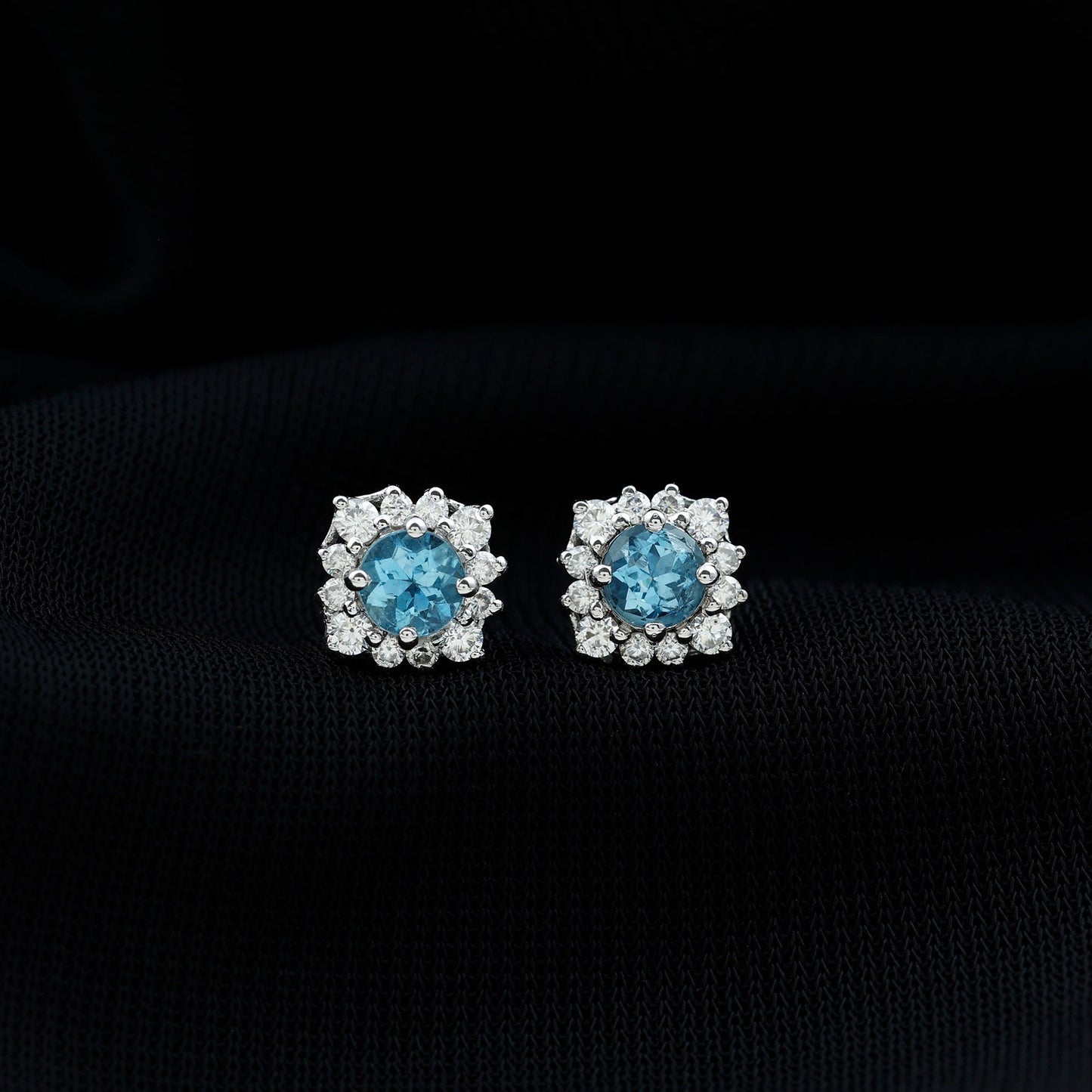 Real Aquamarine Stud Earrings with Diamond Halo