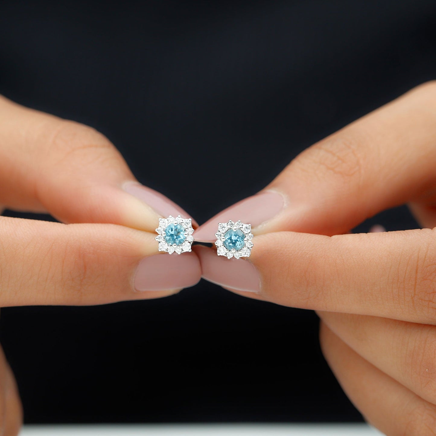 Real Aquamarine Stud Earrings with Diamond Halo