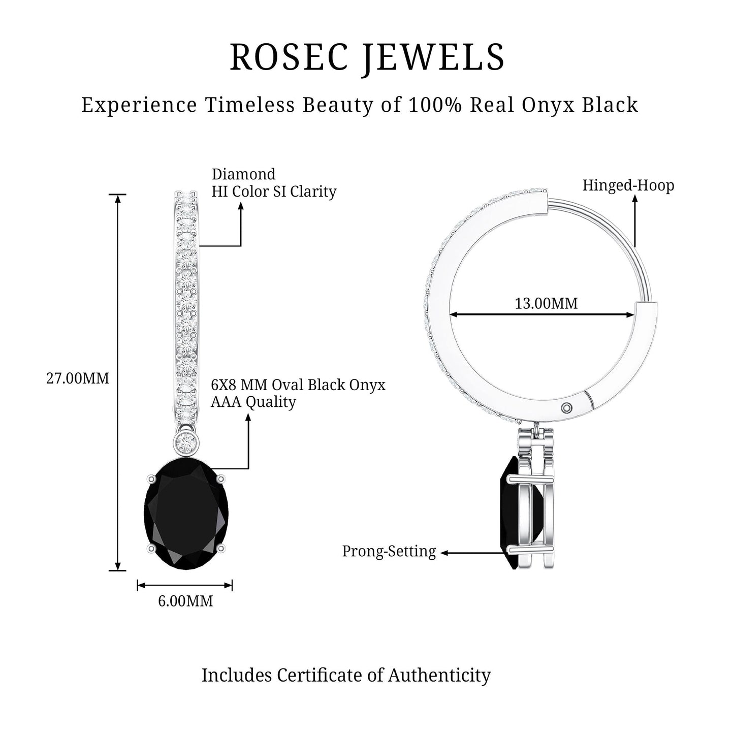 Natural 2.2 Carat Oval Black Onyx Hoop Drop Earrings with Diamond