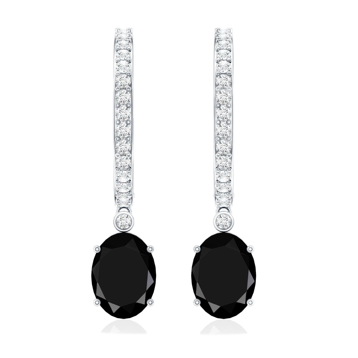 Natural 2.2 Carat Oval Black Onyx Hoop Drop Earrings with Diamond