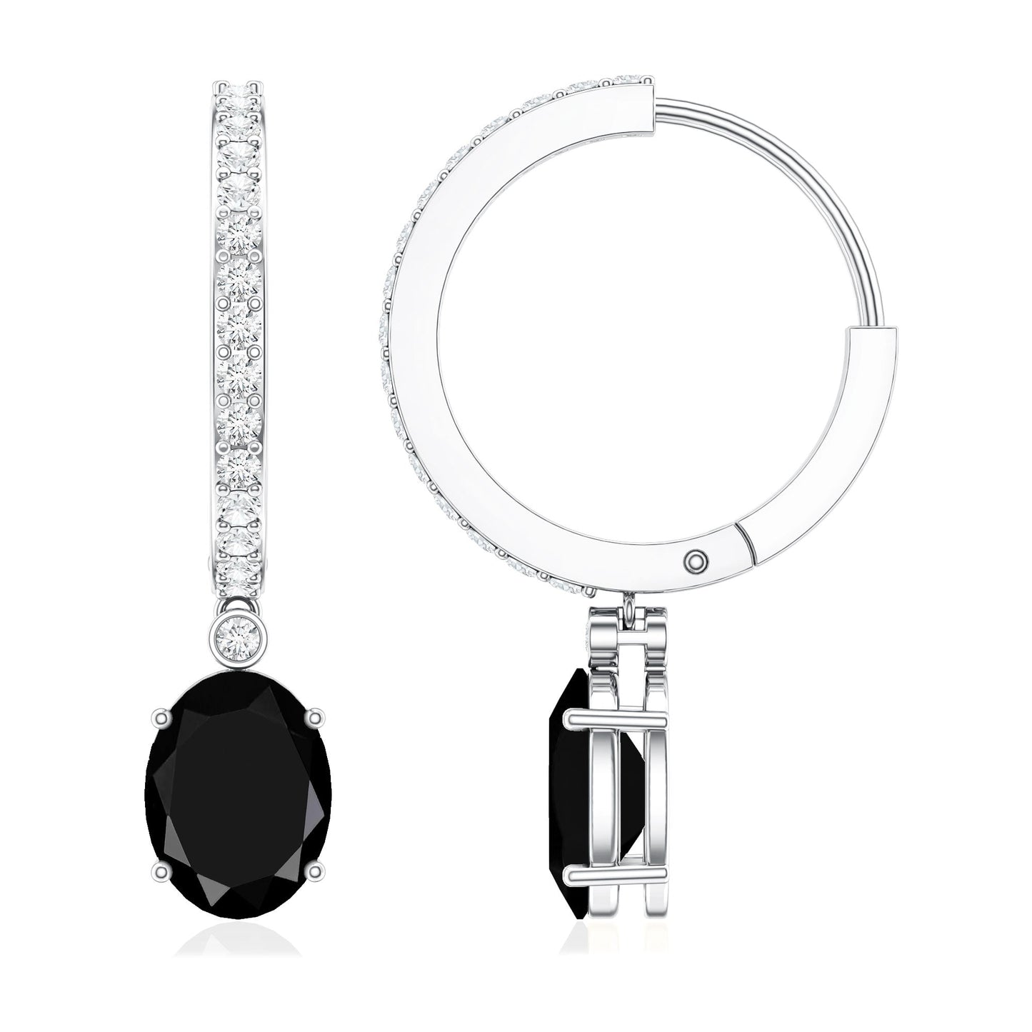 Natural 2.2 Carat Oval Black Onyx Hoop Drop Earrings with Diamond