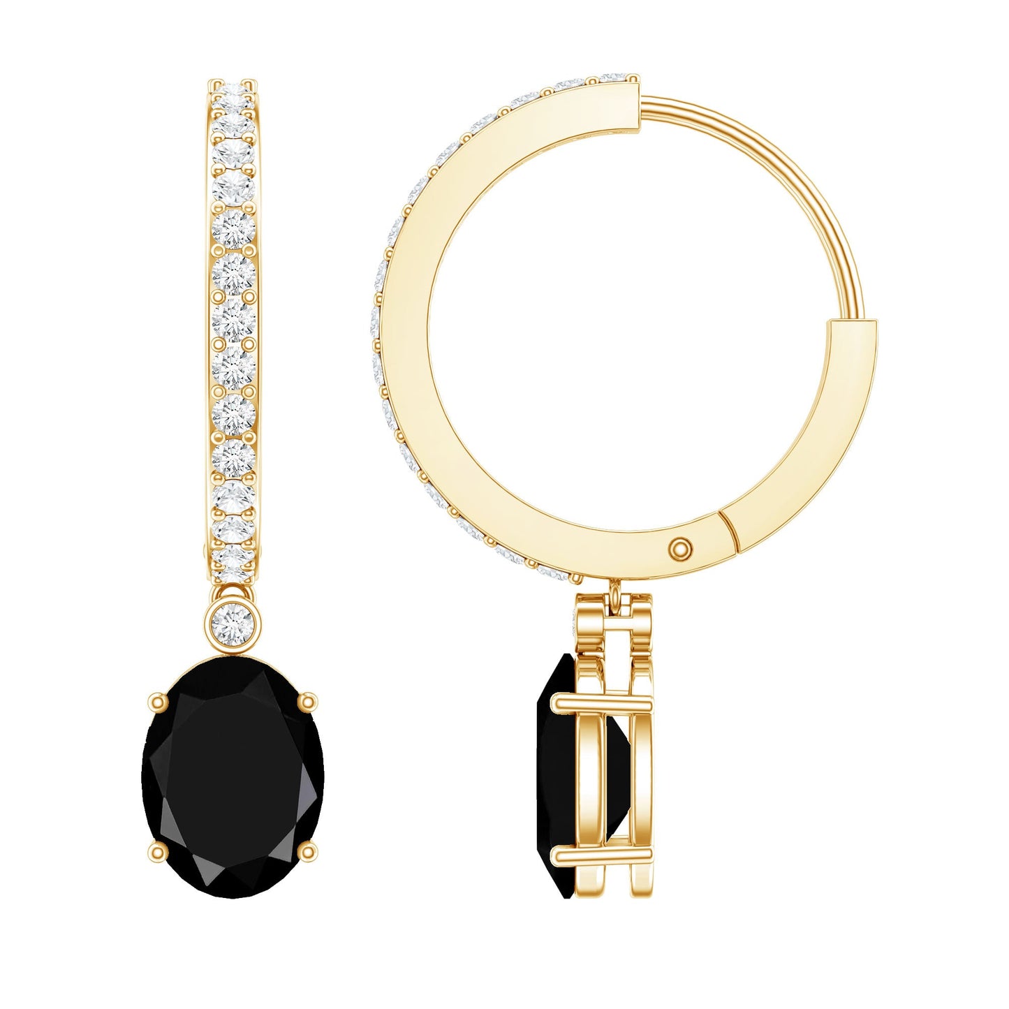 Natural 2.2 Carat Oval Black Onyx Hoop Drop Earrings with Diamond