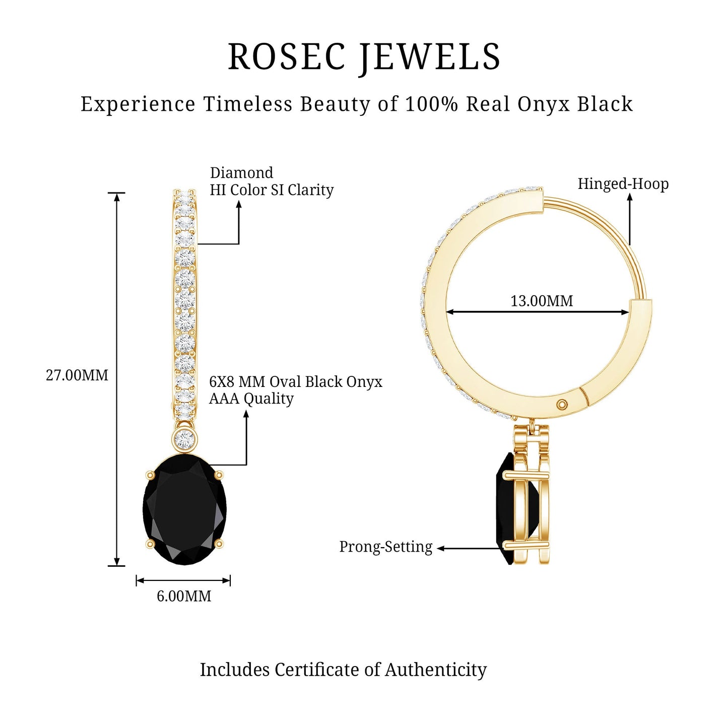 Natural 2.2 Carat Oval Black Onyx Hoop Drop Earrings with Diamond