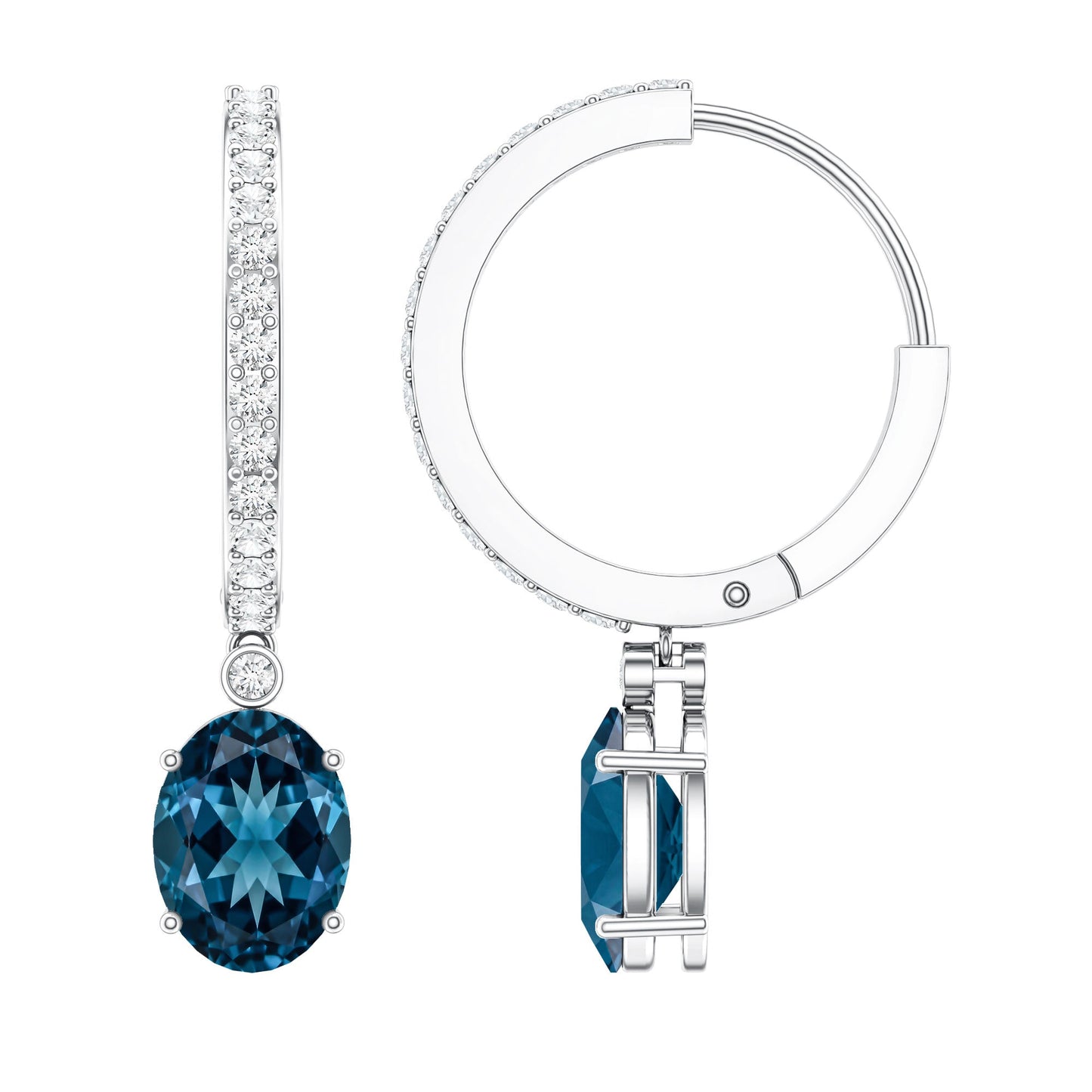 Natural Oval 2.2 Carat London Blue Topaz Drop hoop Earrings with Diamond