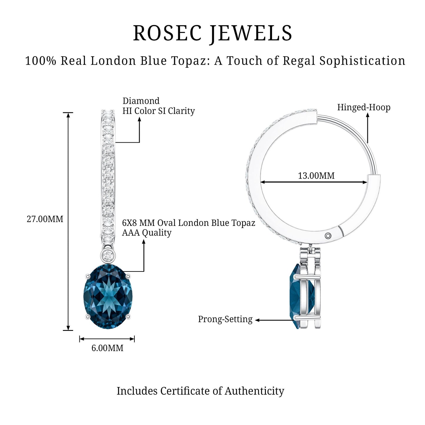 Natural Oval 2.2 Carat London Blue Topaz Drop hoop Earrings with Diamond