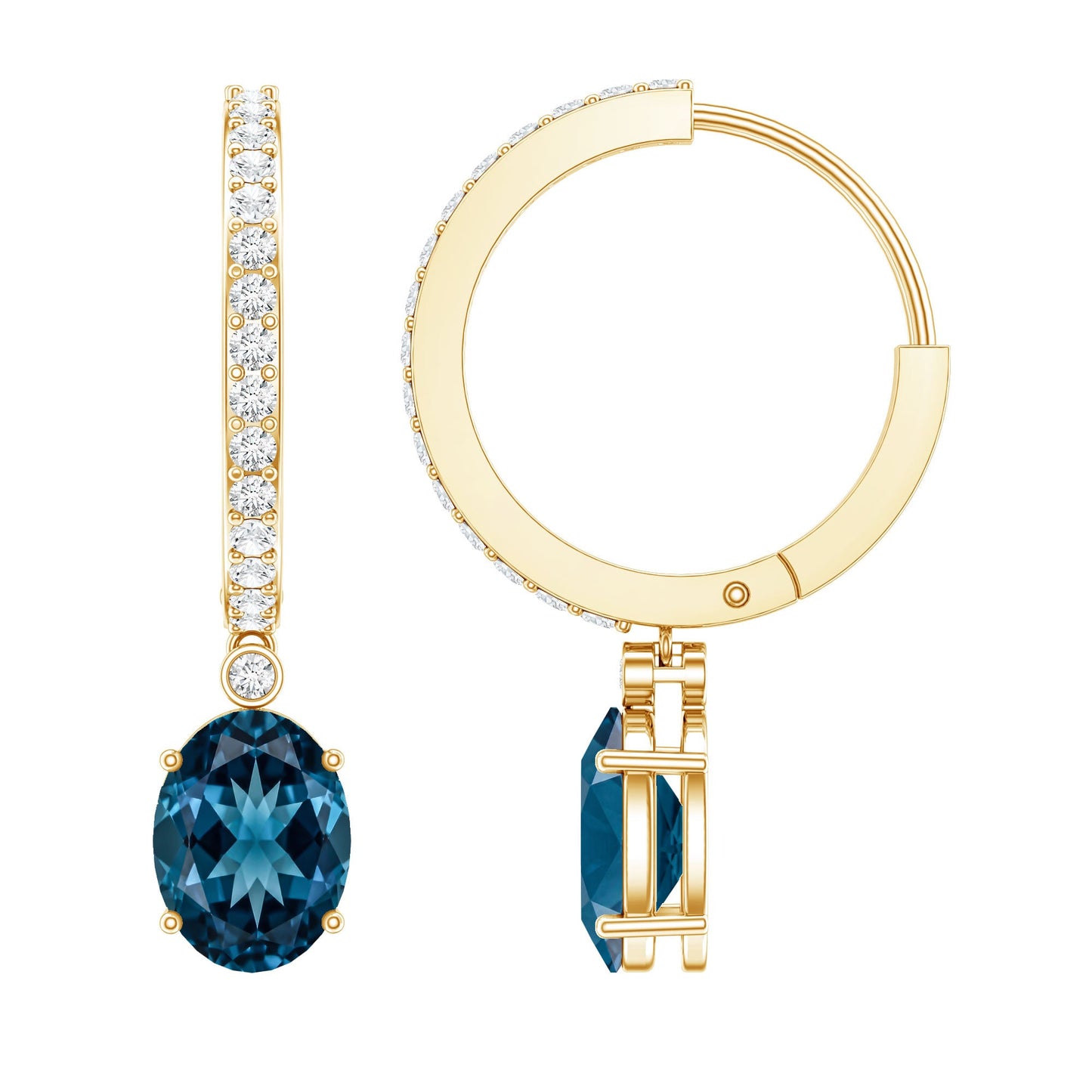 Natural Oval 2.2 Carat London Blue Topaz Drop hoop Earrings with Diamond