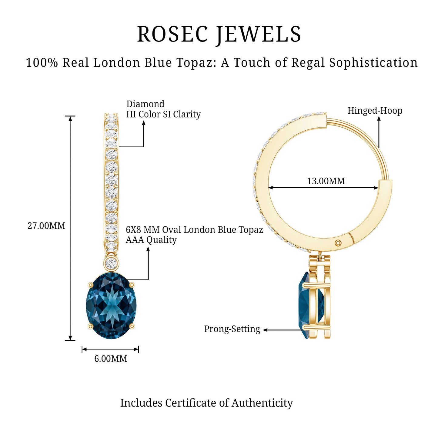 Natural Oval 2.2 Carat London Blue Topaz Drop hoop Earrings with Diamond