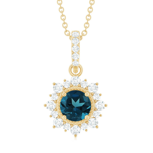1.3 Carat Round London Blue Topaz Halo Pendant with Diamonds