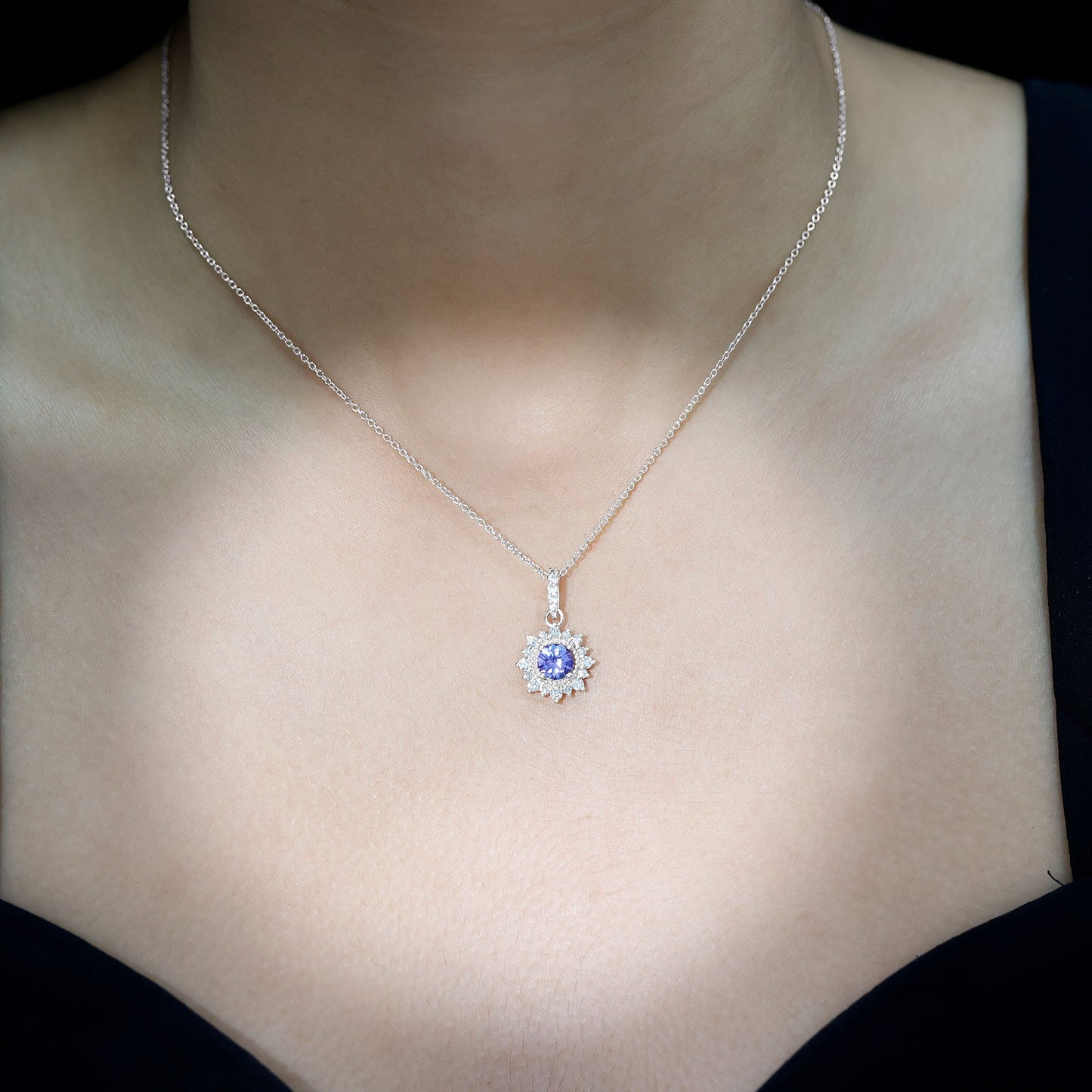 Round Tanzanite Bridal Necklace with Diamond Accent Bail