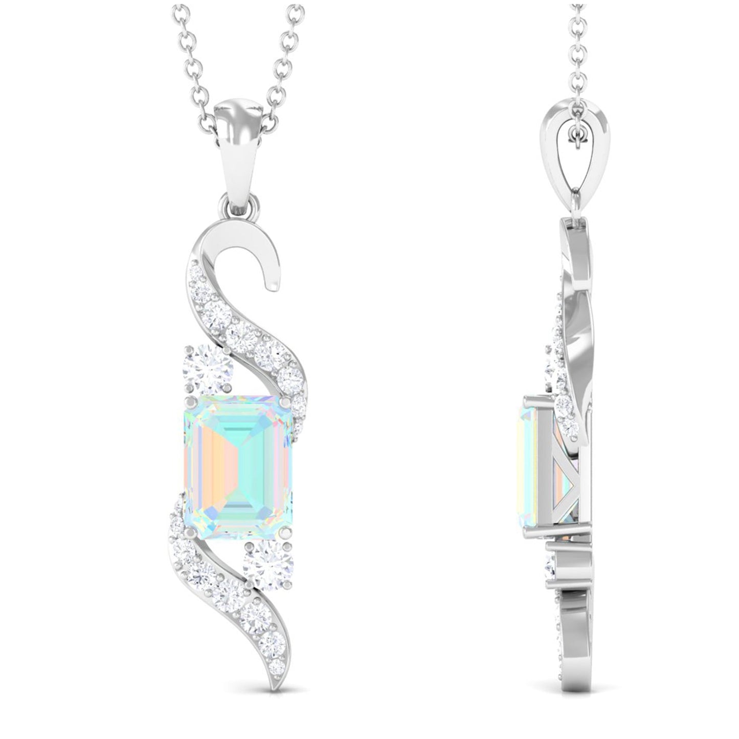 Contemporary 2 Carat Emerald Cut Ethiopian Opal Pendant Necklace with Diamond