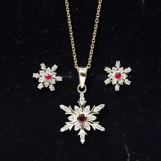 Lab Grown Ruby and Diamond Snowflake Necklace With Earrings