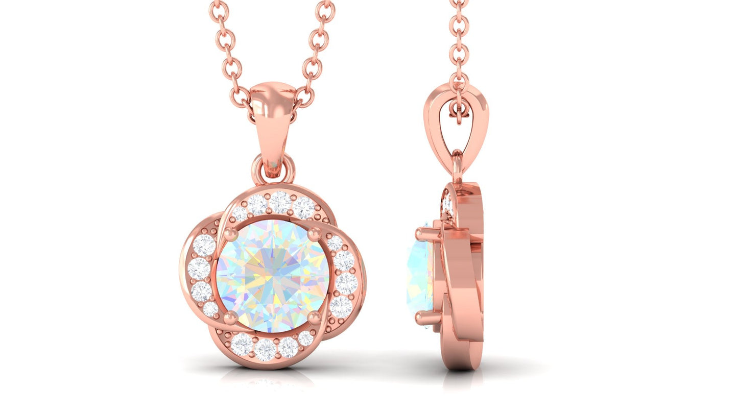0.8 Carat Round Shape Ethiopian Opal and Diamond Flower Necklace