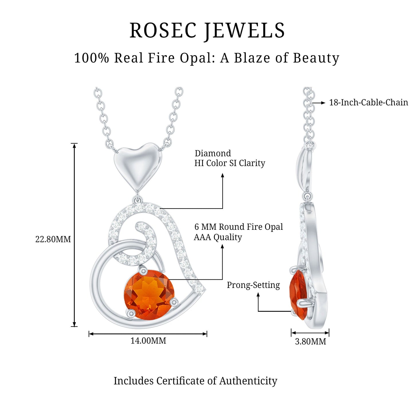 0.75 Carat Round Fire Opal and Diamond Heart Pendant Necklace