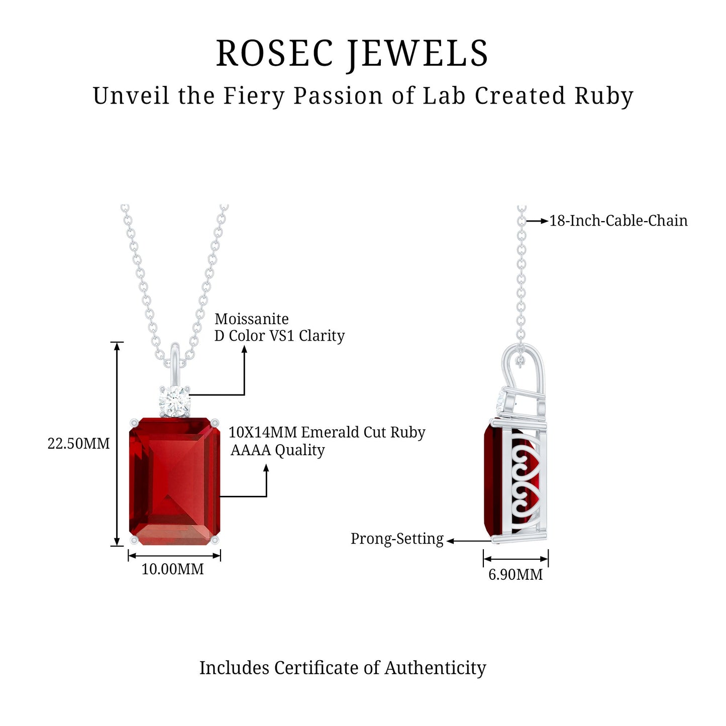 5 Carat Emerald Cut Lab Created Ruby Solitaire Pendant with Diamond