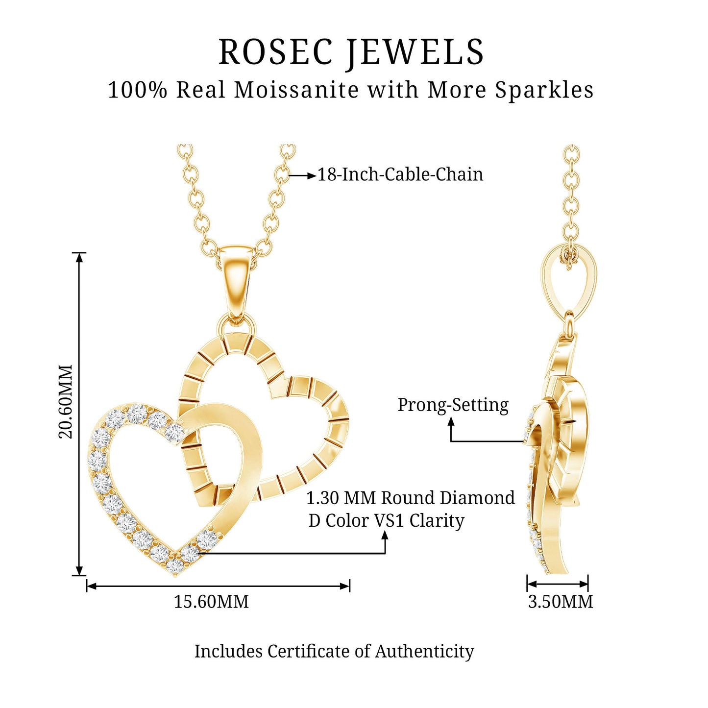 Certified Moissanite Twin Heart Pendant Necklace