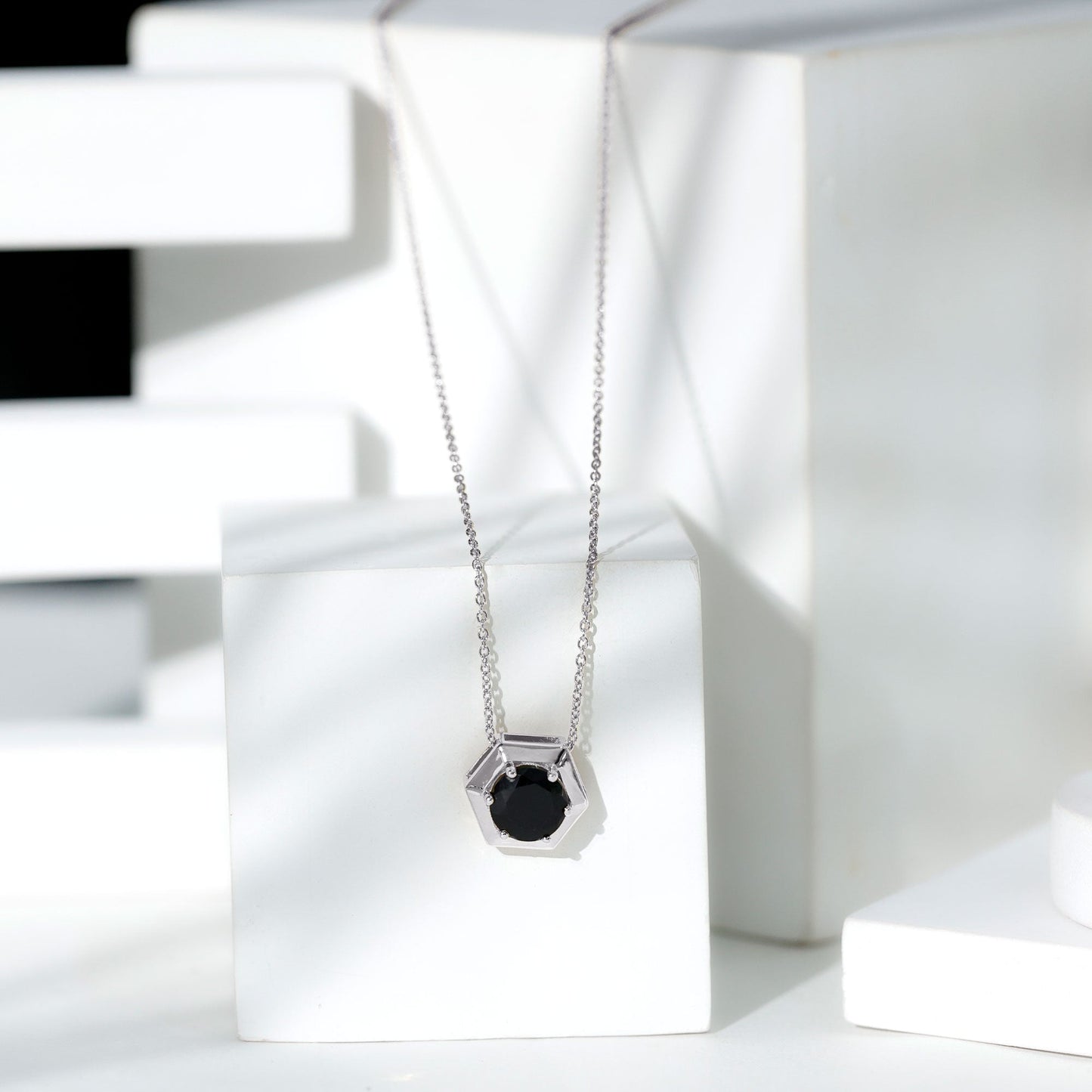 2 Carat Natural Black Onyx Solitaire Hexagon Pendant Necklace