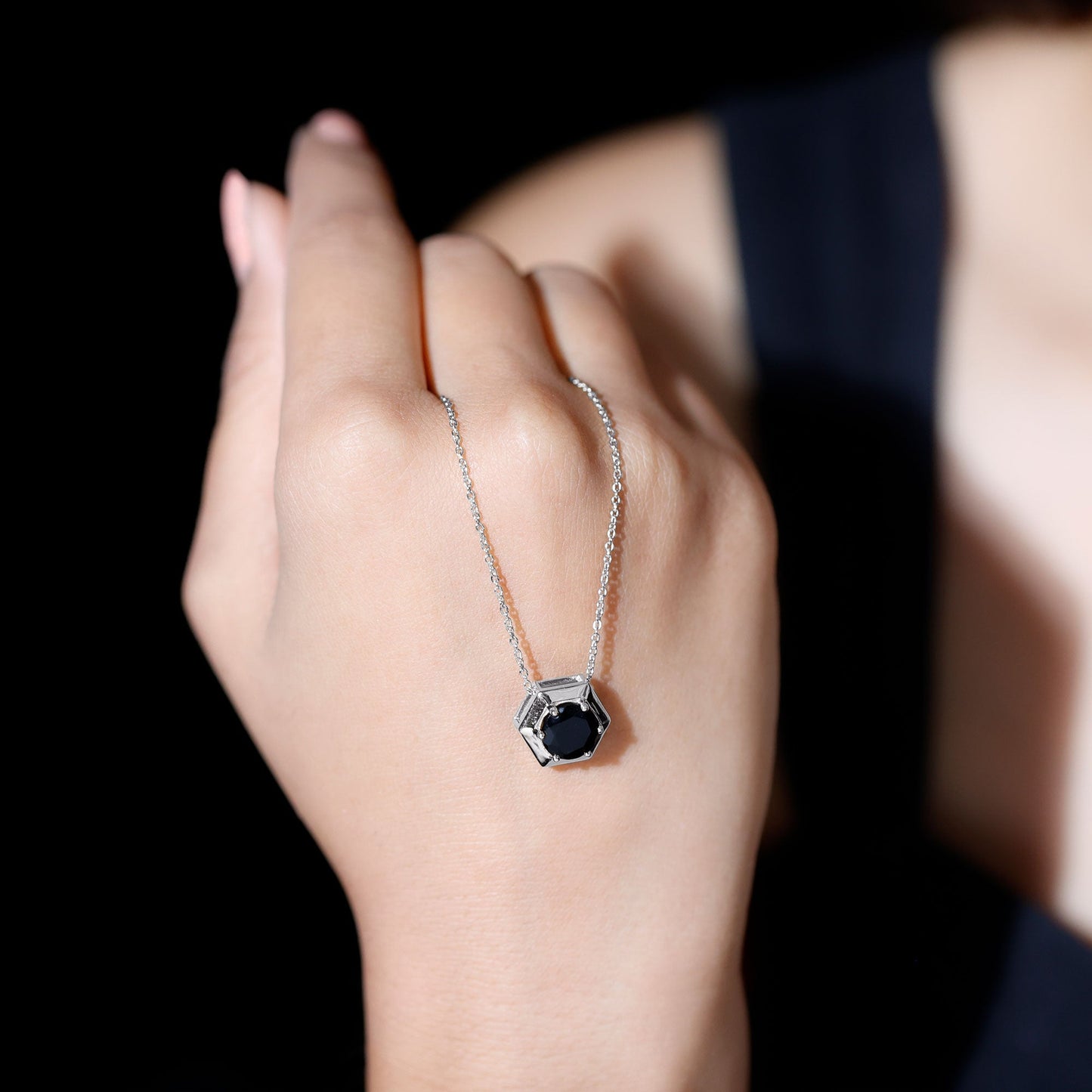 2 Carat Natural Black Onyx Solitaire Hexagon Pendant Necklace
