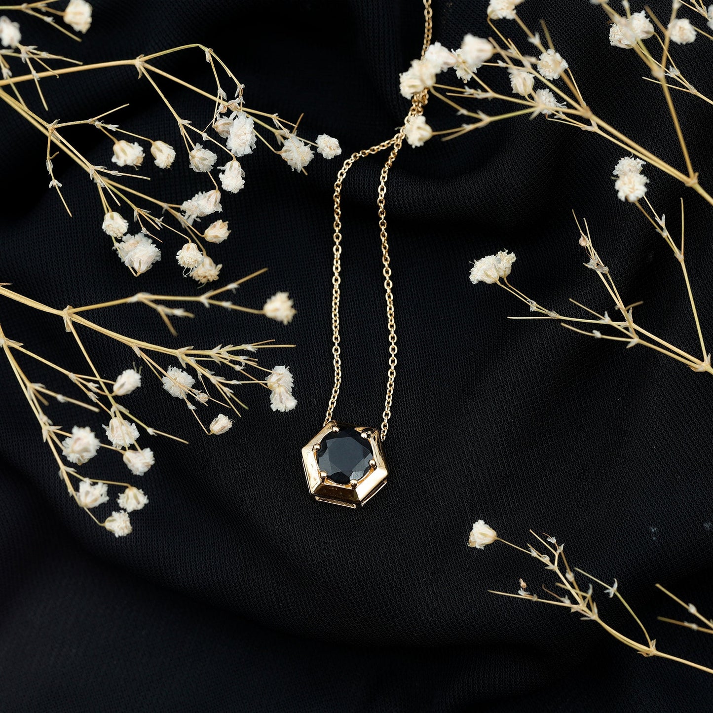 2 Carat Natural Black Onyx Solitaire Hexagon Pendant Necklace