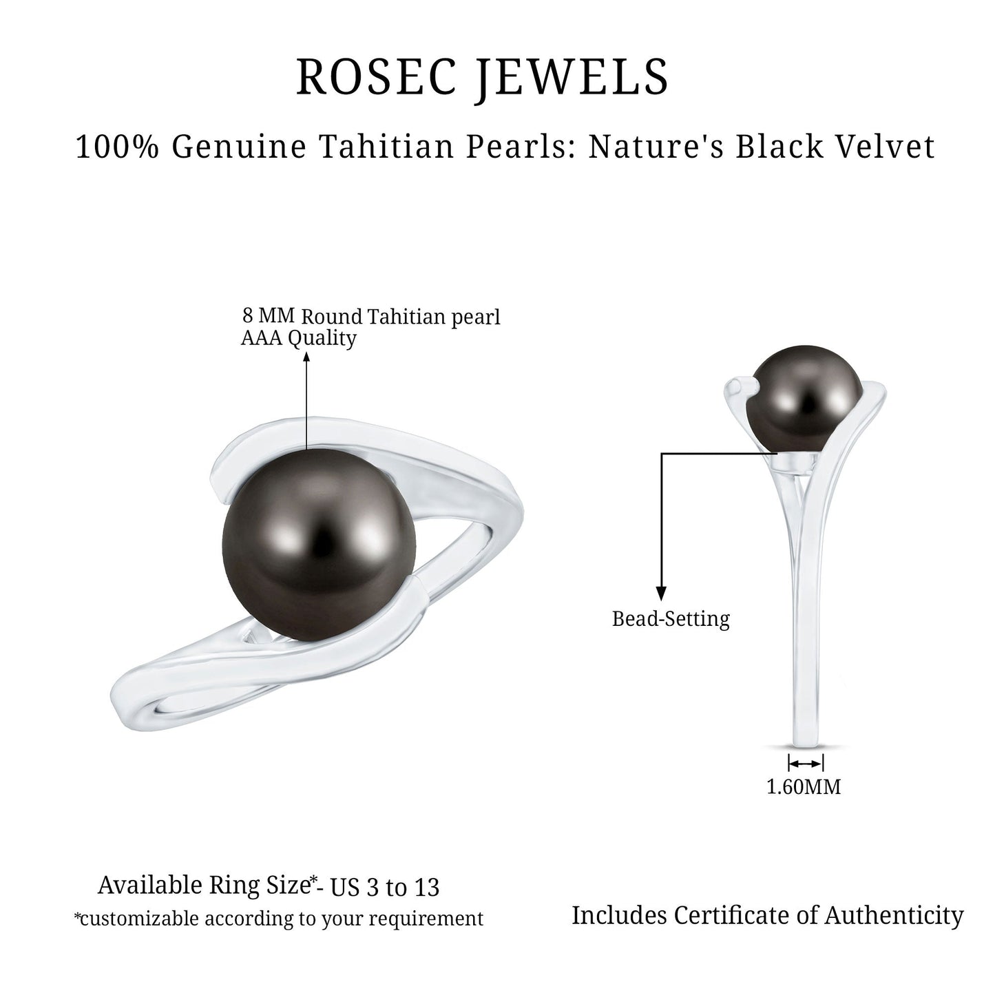 Tahitian Black Pearl Solitaire Bypass Engagement Ring