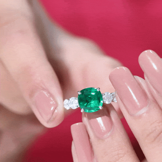 Lab Grown Emerald 2 Carat Cushion Engagement Ring with Moissanite Side Stones