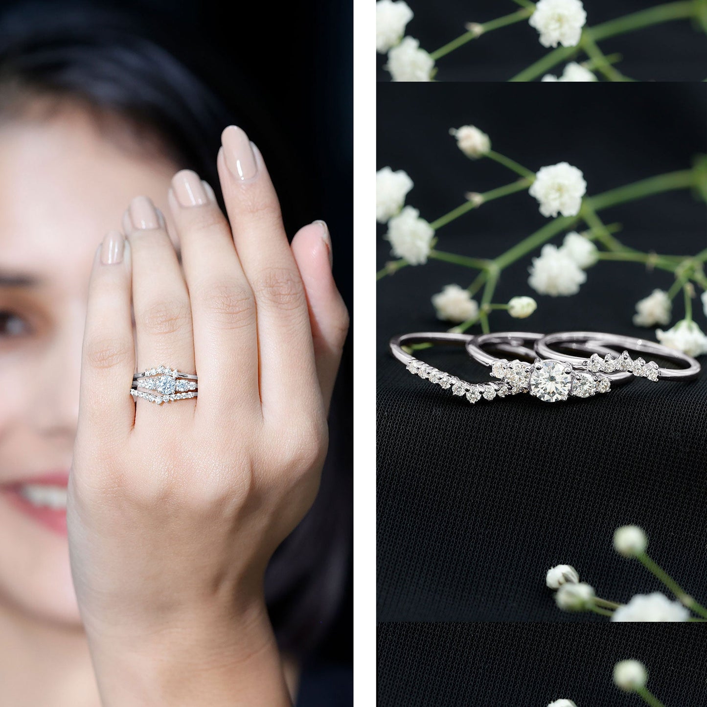 Certified Moissanite Trio Bridal Ring Set