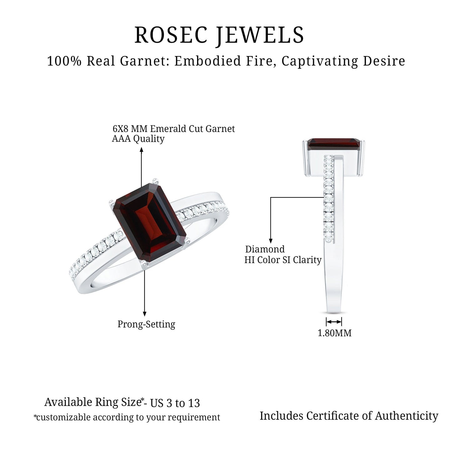 2 Carat Natural Garnet Emerald Cut Engagement Ring with Diamond