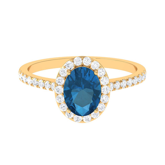 1 Carat Oval Cut London Blue Topaz Engagement Ring with Diamond Halo