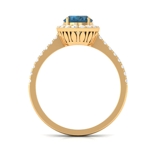 1 Carat Oval Cut London Blue Topaz Engagement Ring with Diamond Halo