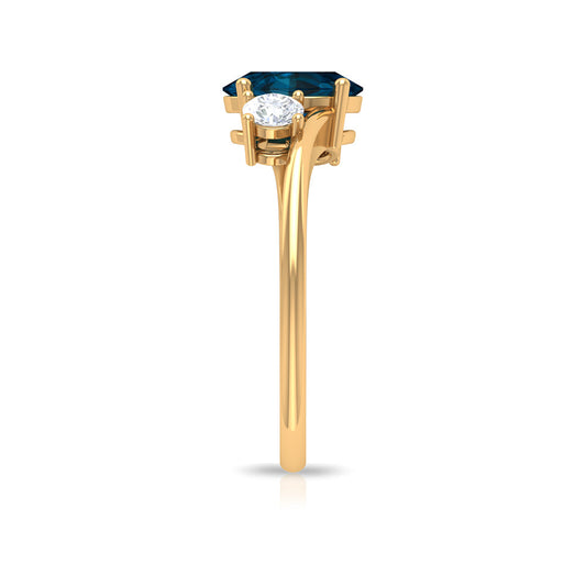 1 Carat Oval Cut London Blue Topaz Three Stone Engagement Ring with Diamond