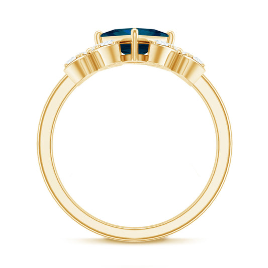 1 Carat Princess Cut London Blue Topaz Floral Engagement Ring with Diamond