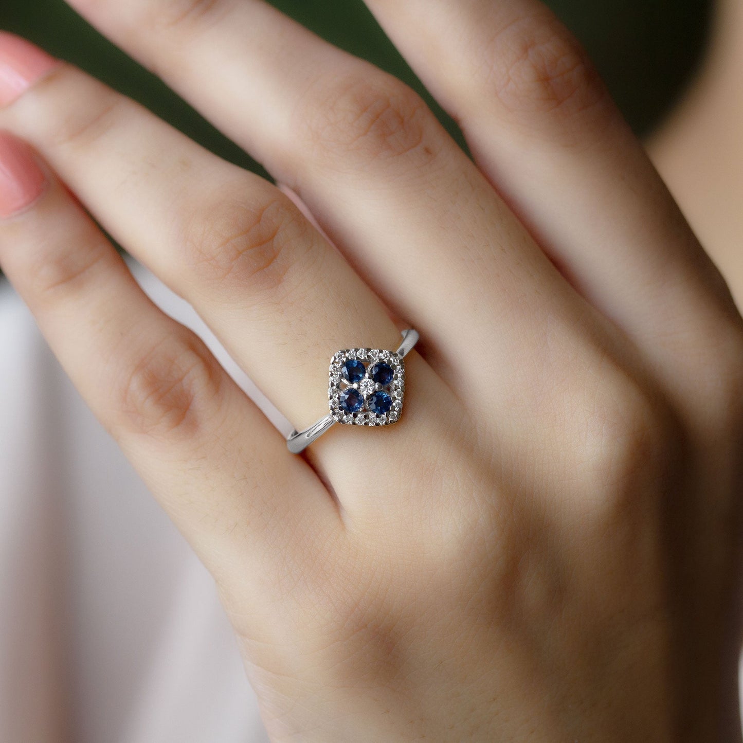 Blue Sapphire Cluster Ring with Diamond Accent